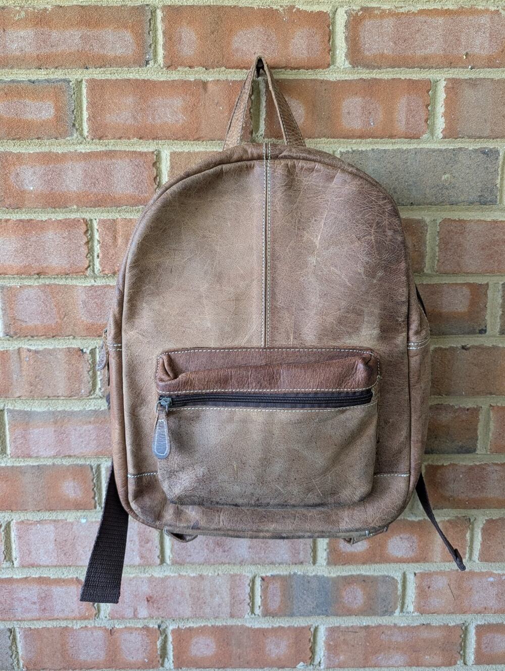 Brown Tan Distressed Full Grain Leather Backpack School Office College Rustic